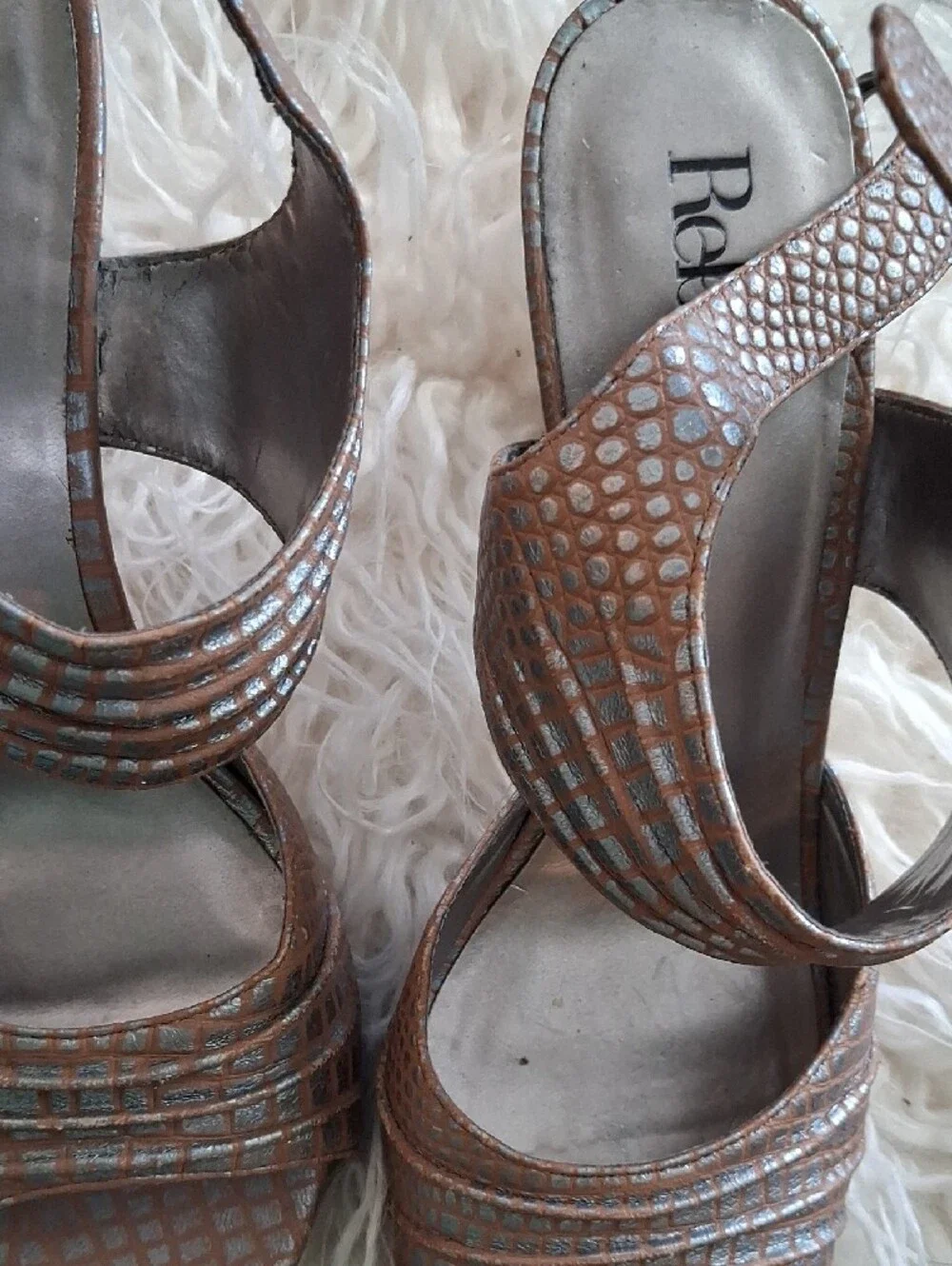 Reba Metallic Taupe Croc-Embossed Strappy Heels